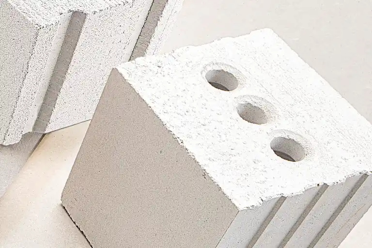 Cellenbetonblokken met een poreuze structuur, een lichtgewicht basismateriaal dat veel wordt toegepast in de bouw.