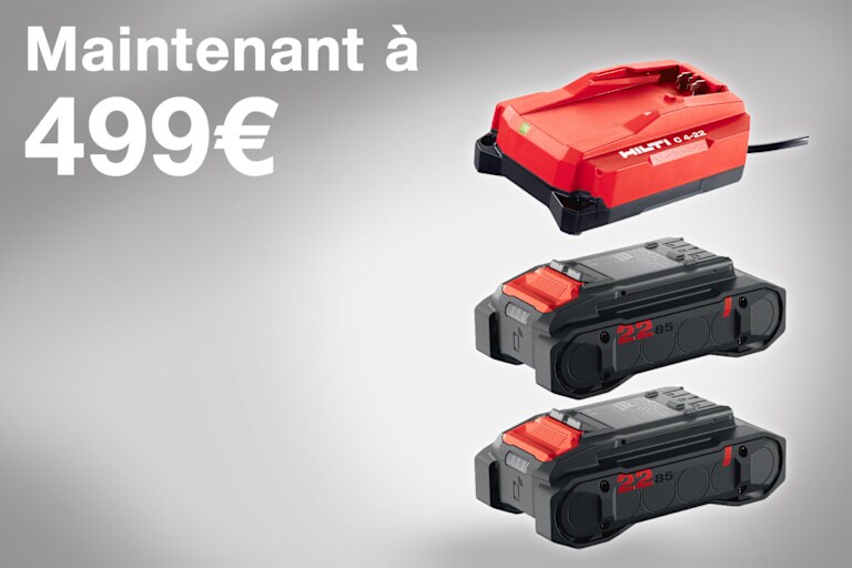 2 batteries Nuron B22 85 et chargeur C4 avec le texte "Maintenant à 499 €"