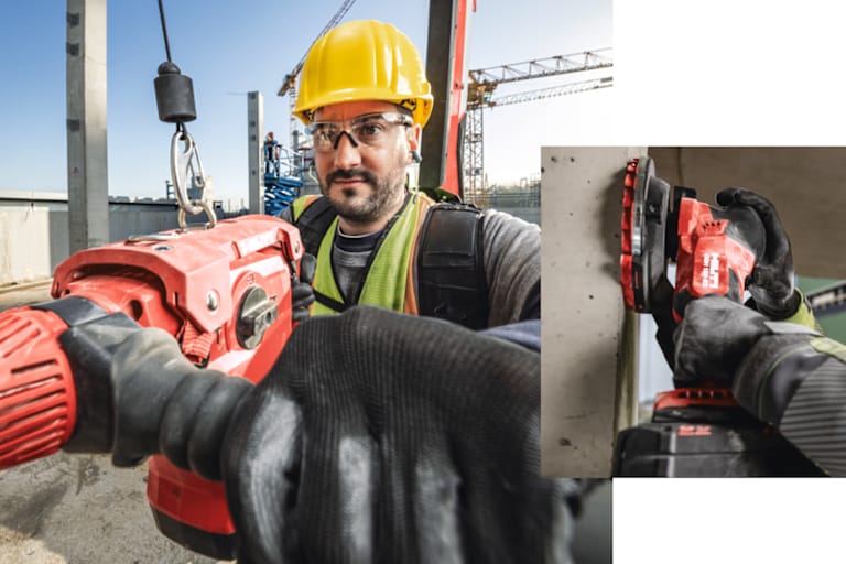Zwei Bilder: Im kleineren Foto sind Hände in Schutzhandschuhen beim Arbeiten mit einem DGH-130-22 Betonschleifer zu sehen. Im größeren Bild sieht man die Nahaufnahme eines Arbeiters mit schwerem Hilti Gerät, das an einem Exoskelett hängt.