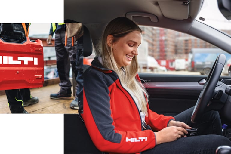 Zwei Bilder: Im kleineren Foto ist eine Nahaufnahme von zwei Beinen mit Sicherheitsstiefeln und ein einem roten Hilti-Koffer zu sehen. Auf dem größeren Bild sieht man eine Hilti-Servicemitarbeiterin, die im Auto sitzt und in ihr Handy blickt