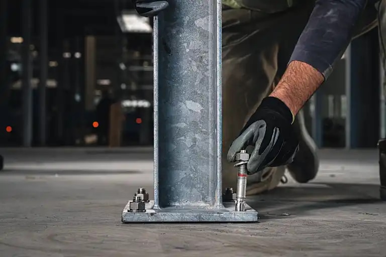 Bild der Montage einer Stahlstütze mit einem mechanischen Anker in einem Betonboden.