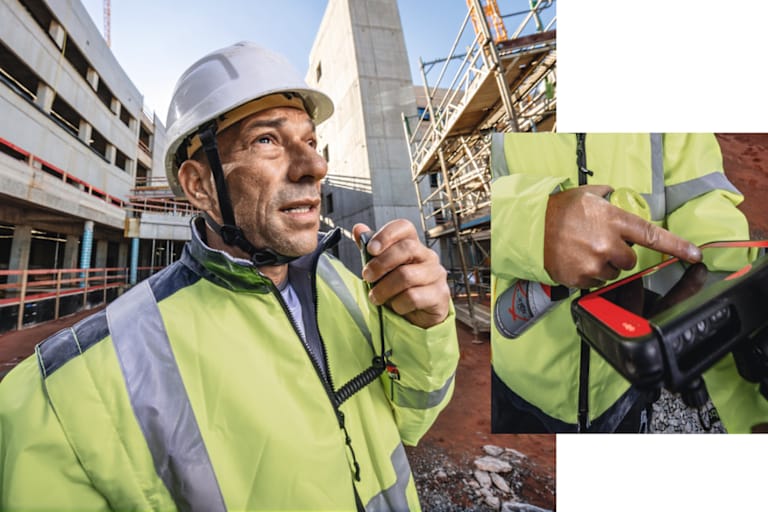 Zwei Bilder: Im kleineren Foto sind Hände mit einem Tablet zu sehen, im zweiten Bild ein Mann mit weißem Helm und Warnweste, der auf einer Baustelle in ein Funkgerät spricht.