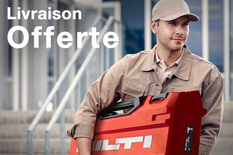 Un homme avec un coffret à outils Hilti rouge, accompagné du texte : "Livraison Offerte"