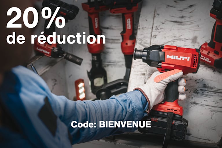 Outil Hilti tenu à la main, accompagné du texte : “20 % de réduction”
