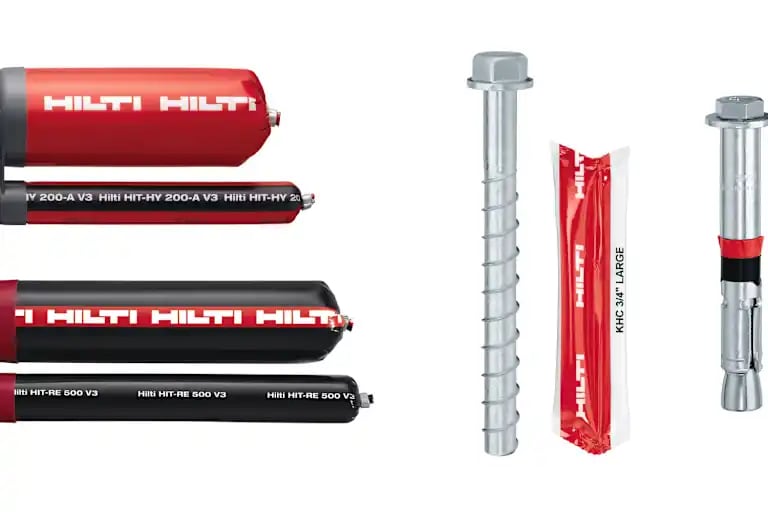 Bild mit chemischen Ankern und Befestigungslösungen von Hilti für Beton- und Mauerwerksanwendungen.