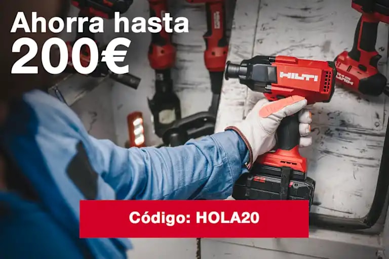 Una mano sosteniendo una herramienta Hilti con el texto: "20 % de descuento"