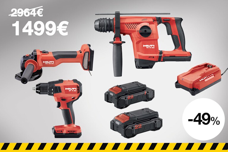 1 Perforateur TE 6-22 1 Meuleuse d'angle AG 4S-22 1 Visseuse-perceuse SF 4-22 standard 2 Batteries Nuron B 22-85 1 Chargeur Nuron C 4-22