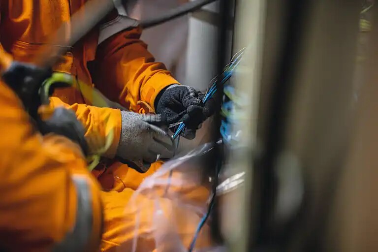 The hands of an electrician working on some cables or electrical wires.