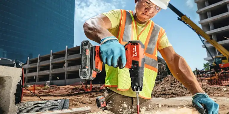 Brand image campaign photography, worker using Nuron SF 4H-22 hammer drill driver drilling into wood