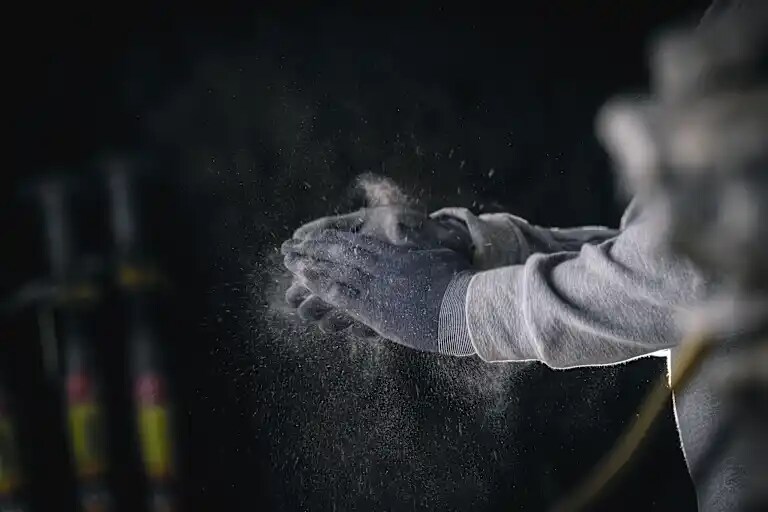 Male worker knocking dust off his hands