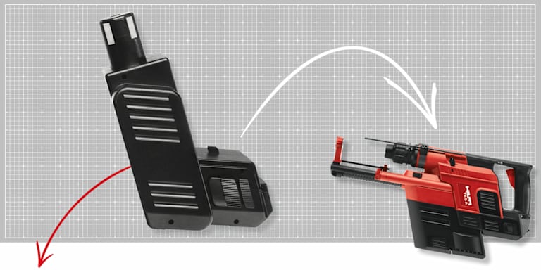 First ever D-handle cordless battery for the TE 5 A with integrated dust removal
