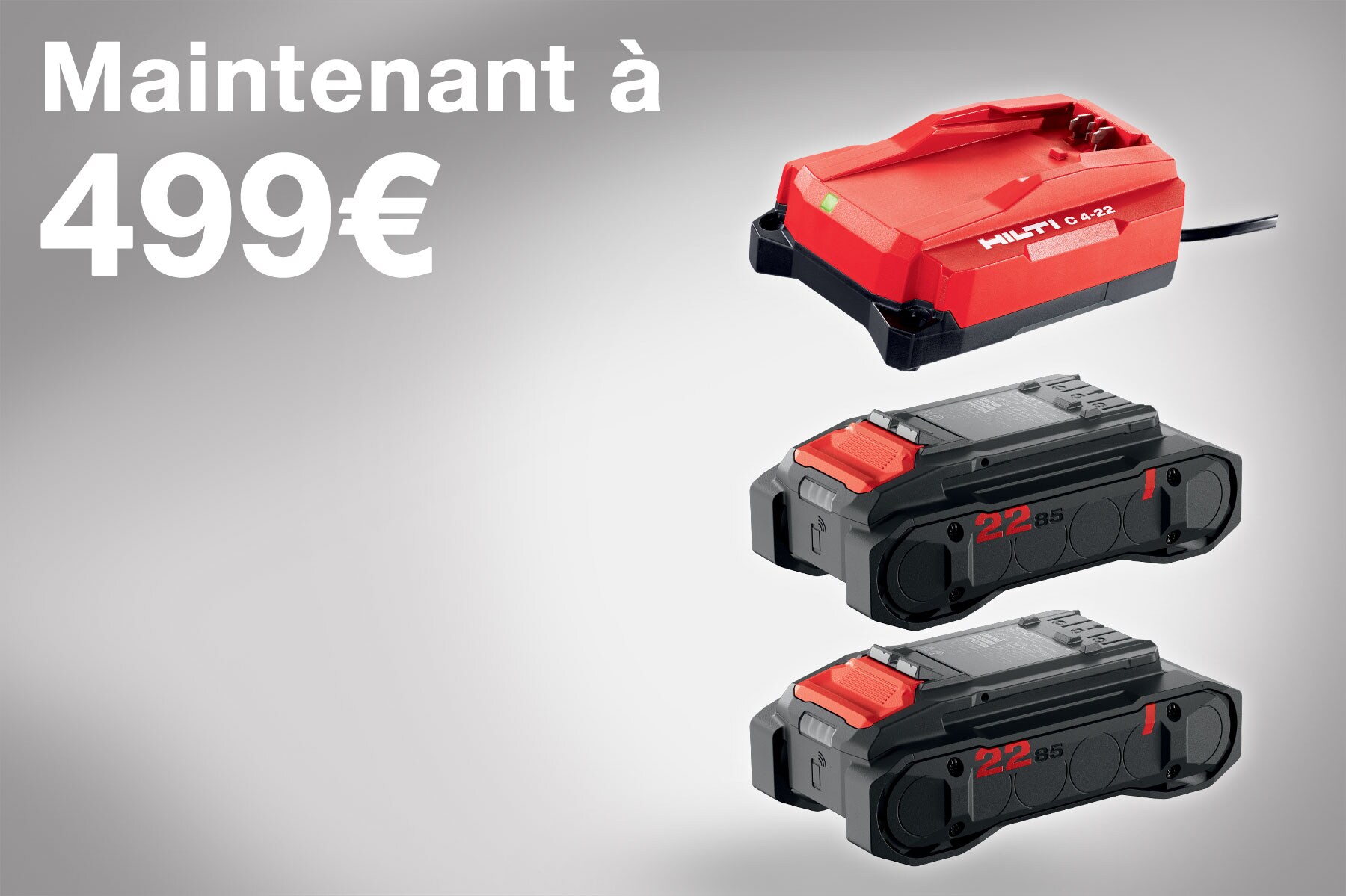 2 batteries Nuron B22 85 et chargeur C4 avec le texte "Maintenant à 499 €"