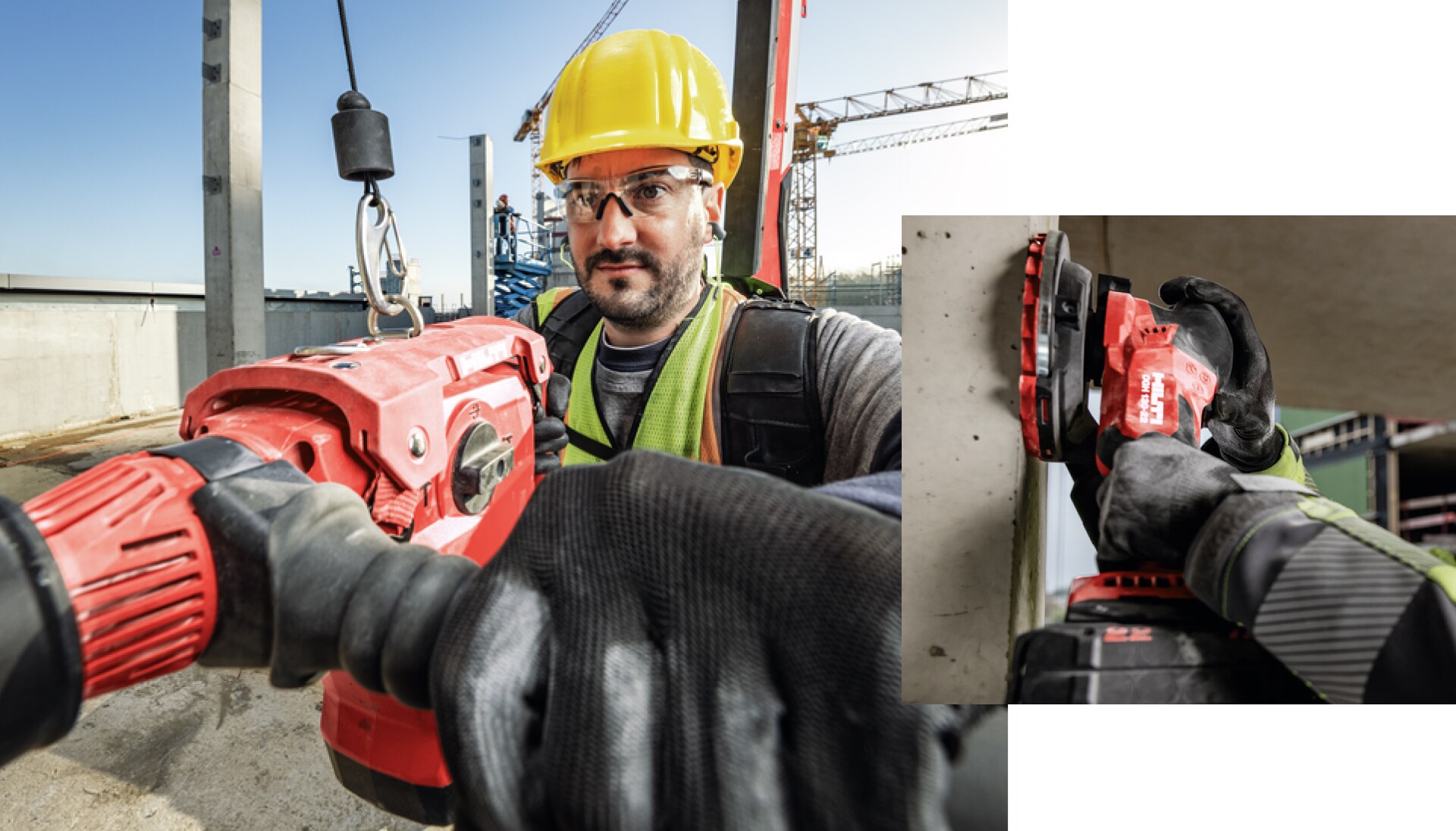 Zwei Bilder: Im kleineren Foto sind Hände in Schutzhandschuhen beim Arbeiten mit einem DGH-130-22 Betonschleifer zu sehen. Im größeren Bild sieht man die Nahaufnahme eines Arbeiters mit schwerem Hilti Gerät, das an einem Exoskelett hängt.