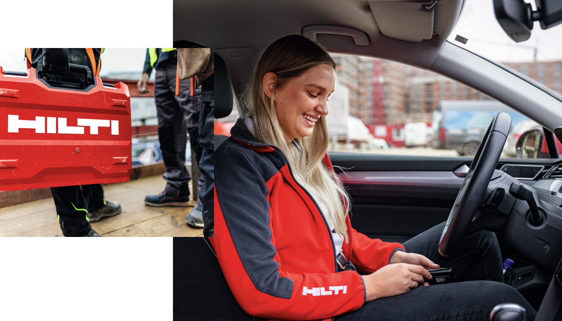 Zwei Bilder: Im kleineren Foto ist eine Nahaufnahme von zwei Beinen mit Sicherheitsstiefeln und ein einem roten Hilti-Koffer zu sehen. Auf dem größeren Bild sieht man eine Hilti-Servicemitarbeiterin, die im Auto sitzt und in ihr Handy blickt