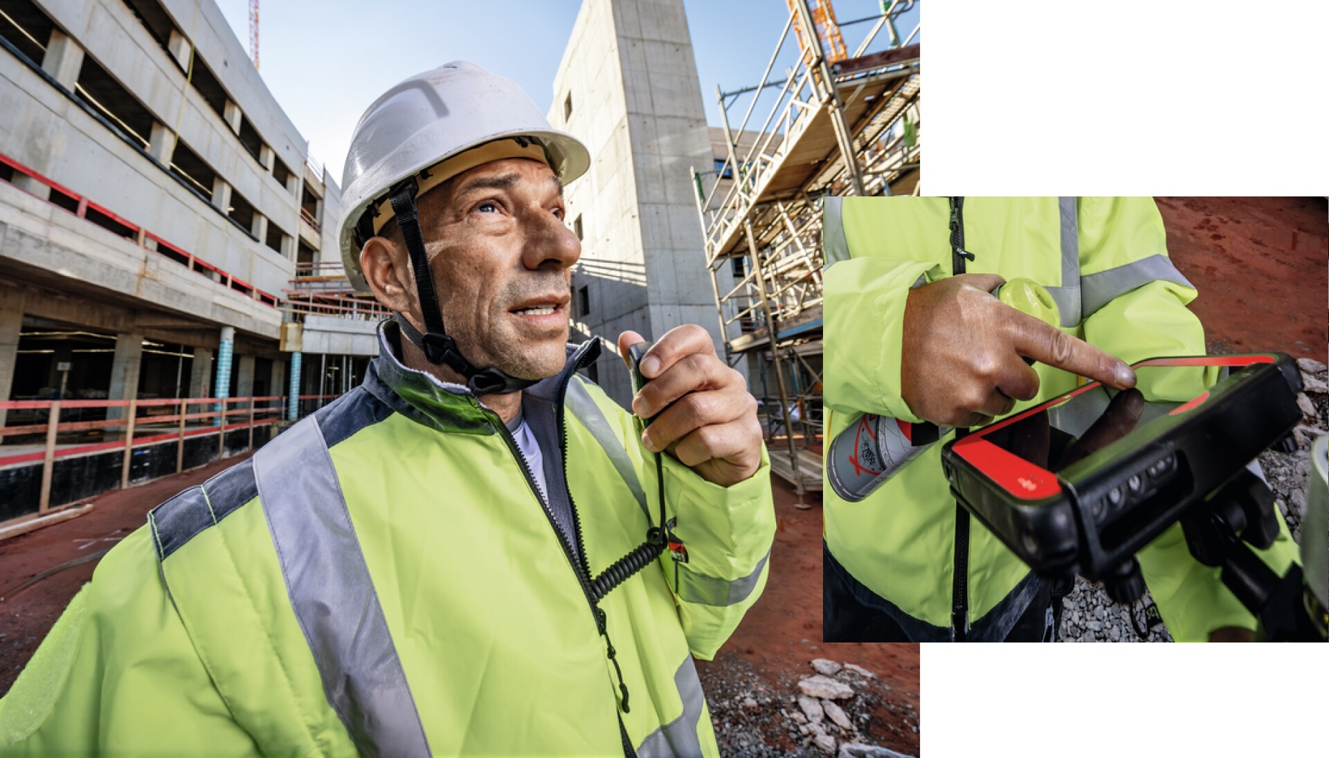 Zwei Bilder: Im kleineren Foto sind Hände mit einem Tablet zu sehen, im zweiten Bild ein Mann mit weißem Helm und Warnweste, der auf einer Baustelle in ein Funkgerät spricht.