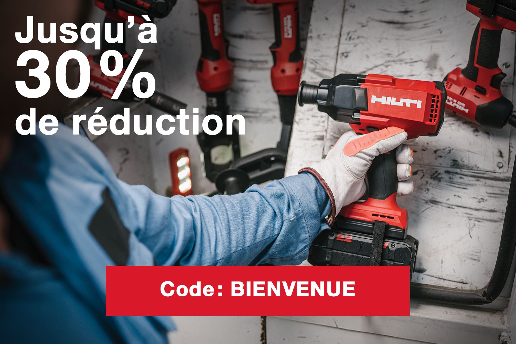 Outil Hilti tenu à la main, accompagné du texte : “20 % de réduction”