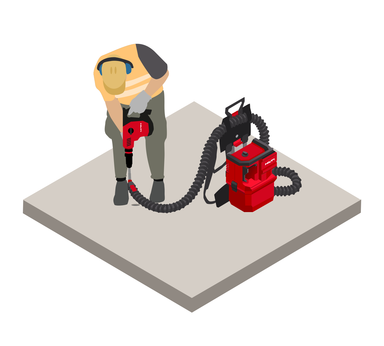 Illustration isométrique montrant un marteau en action pour un burinage intensif