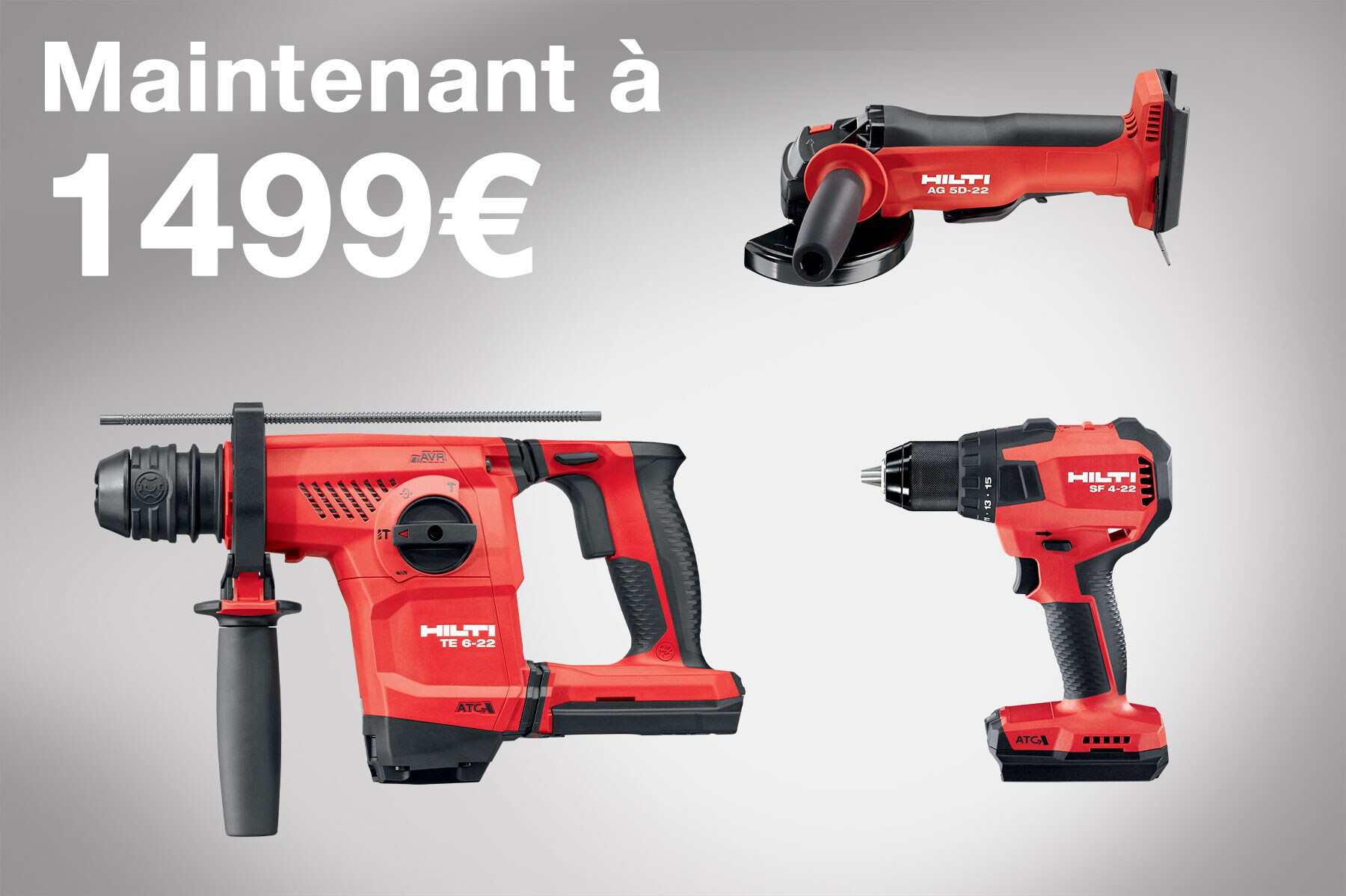 Tripack perforateur TE 6-22, perceuse-visseuse SF 4-22 et meuleuse AG 5D-22 à 1499 euros 
