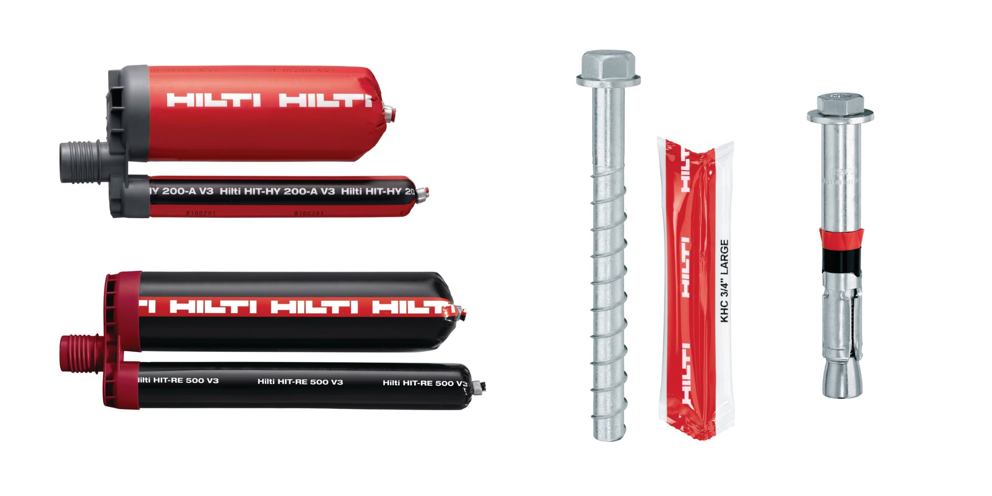Bild mit chemischen Ankern und Befestigungslösungen von Hilti für Beton- und Mauerwerksanwendungen.