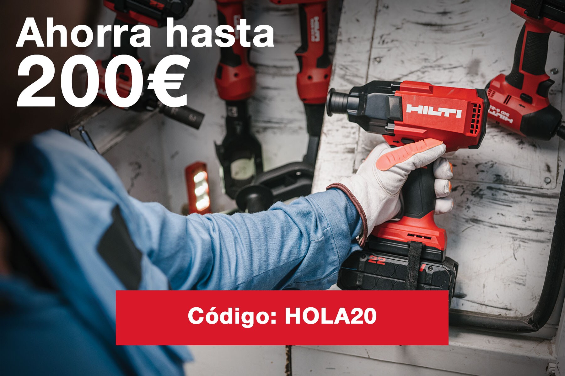Una mano sosteniendo una herramienta Hilti con el texto: "20 % de descuento"