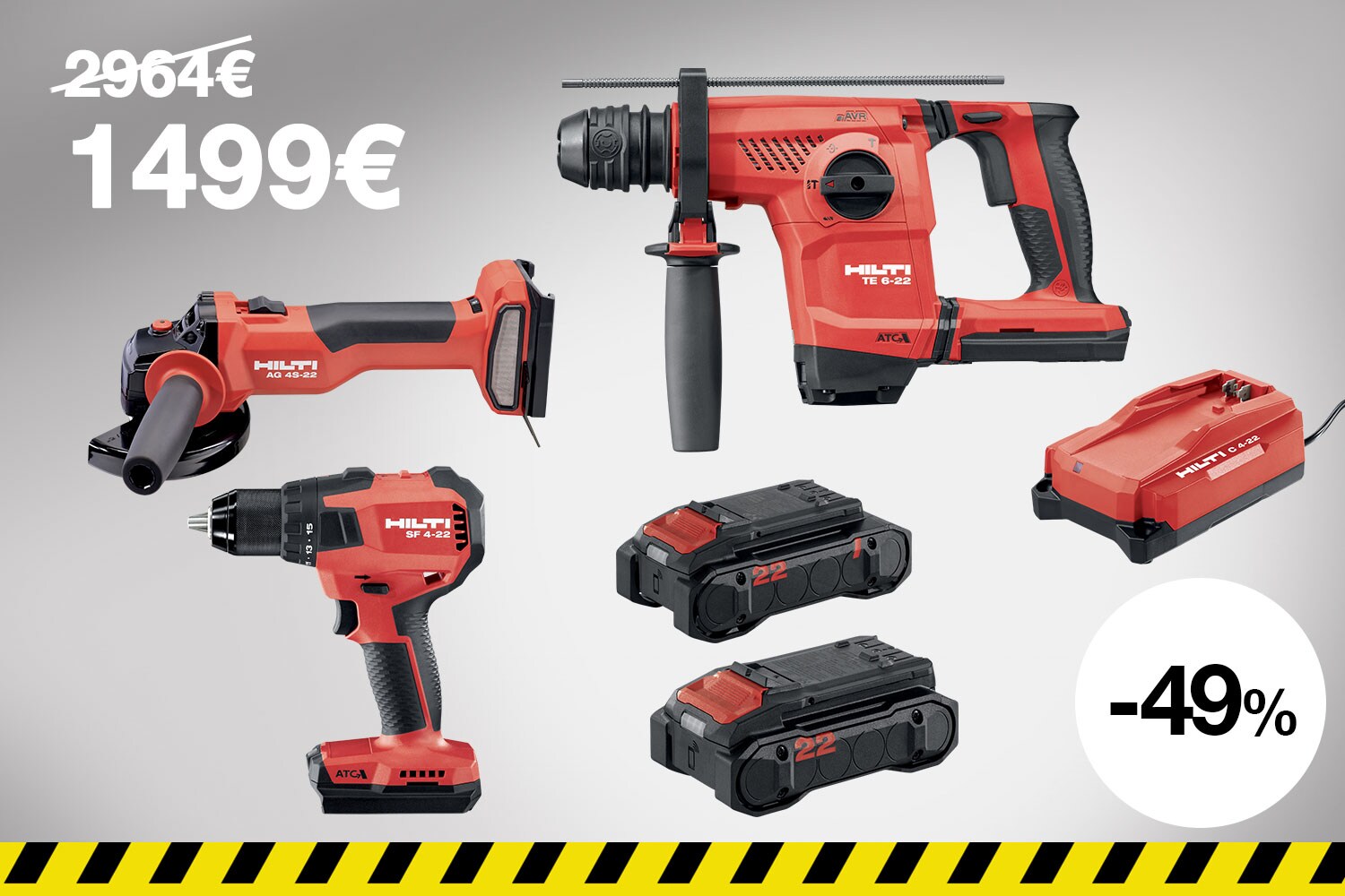 1 Perforateur TE 6-22 1 Meuleuse d'angle AG 4S-22 1 Visseuse-perceuse SF 4-22 premium 2 Batteries Nuron B 22-85 1 Chargeur Nuron C 4-22